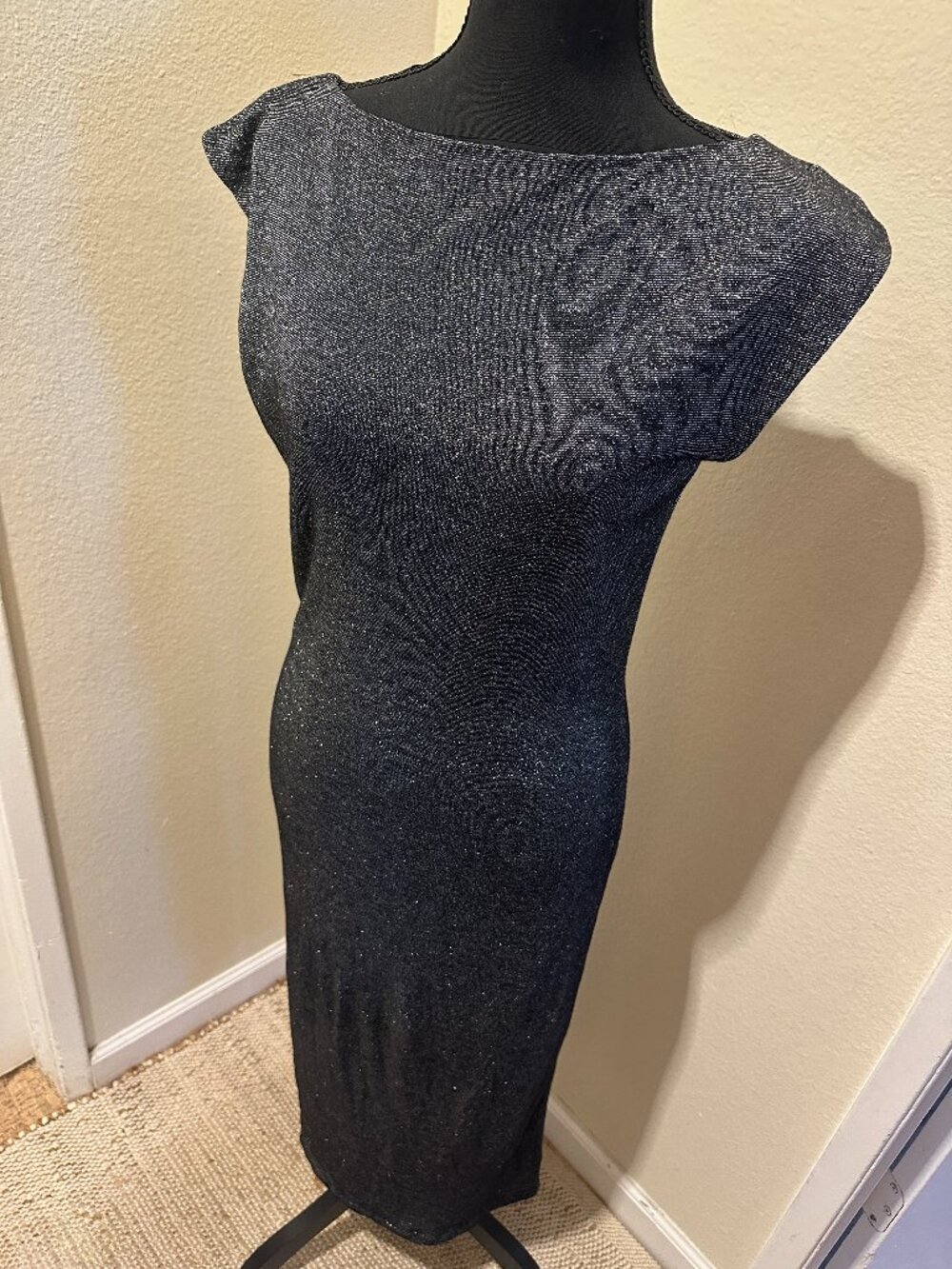 Ted Baker London Black Metallic Shimmer Knit Midi Bodycon Cocktail Dress Size 2